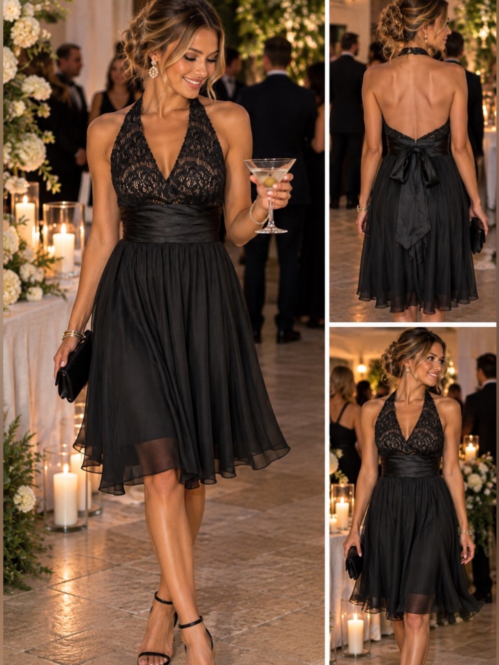 Holiday Party Dress Halter Midi Formal Evening Lace Overlay Black 8 Maggie Londn
